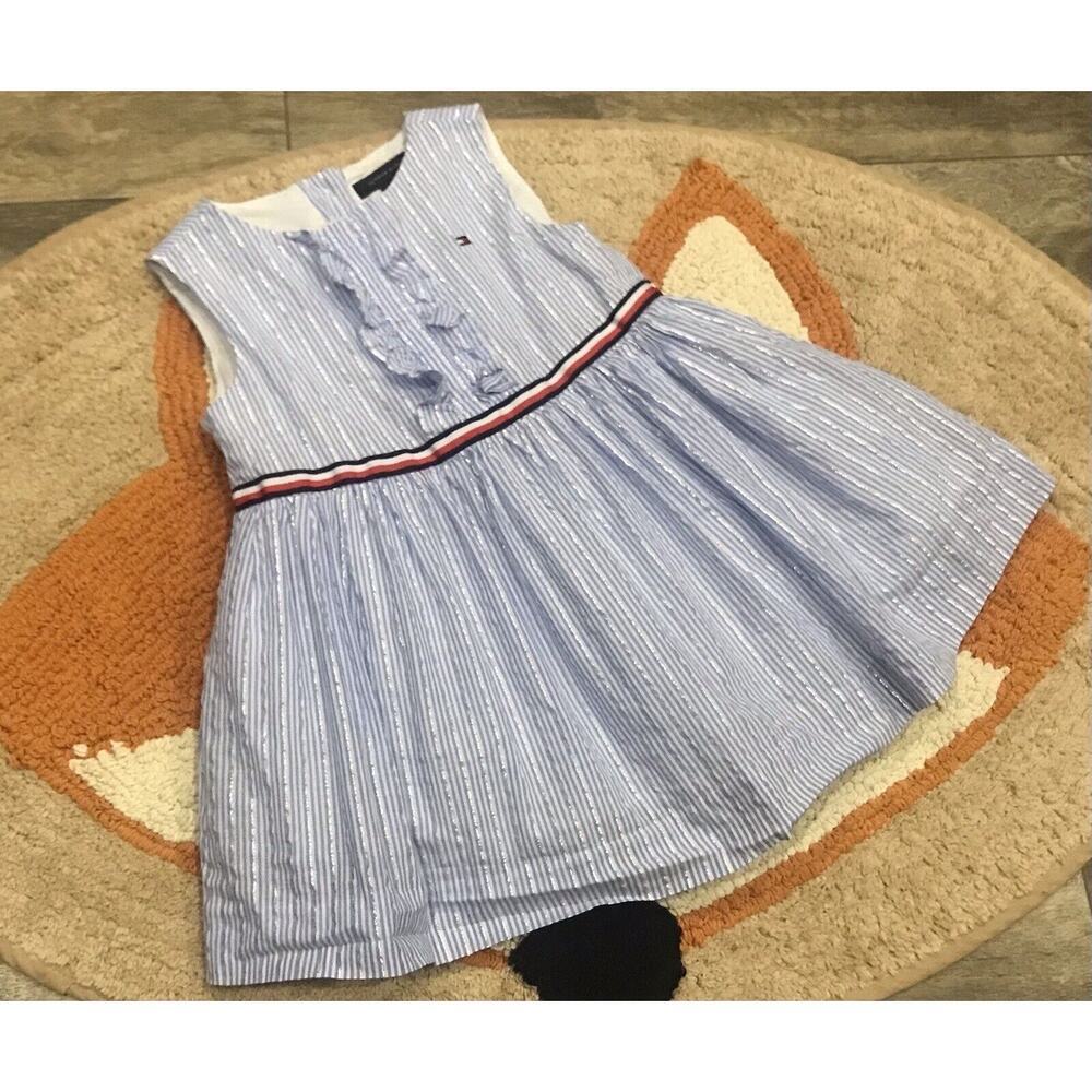 Tommy Hilfiger Baby Girls Blue/Wht/Silver Seersucker Lined Dress Size 18M